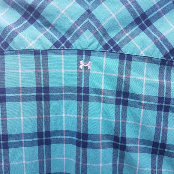 UNDER ARMOUR Button Down Shirt Medium US M Plaid Long Sleeve Blue Green Teal - Picture 5 of 16